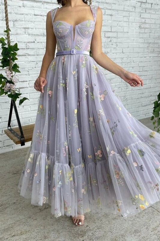 Chic Sleeveless A Line Ankle Length Tulle Prom Dresses