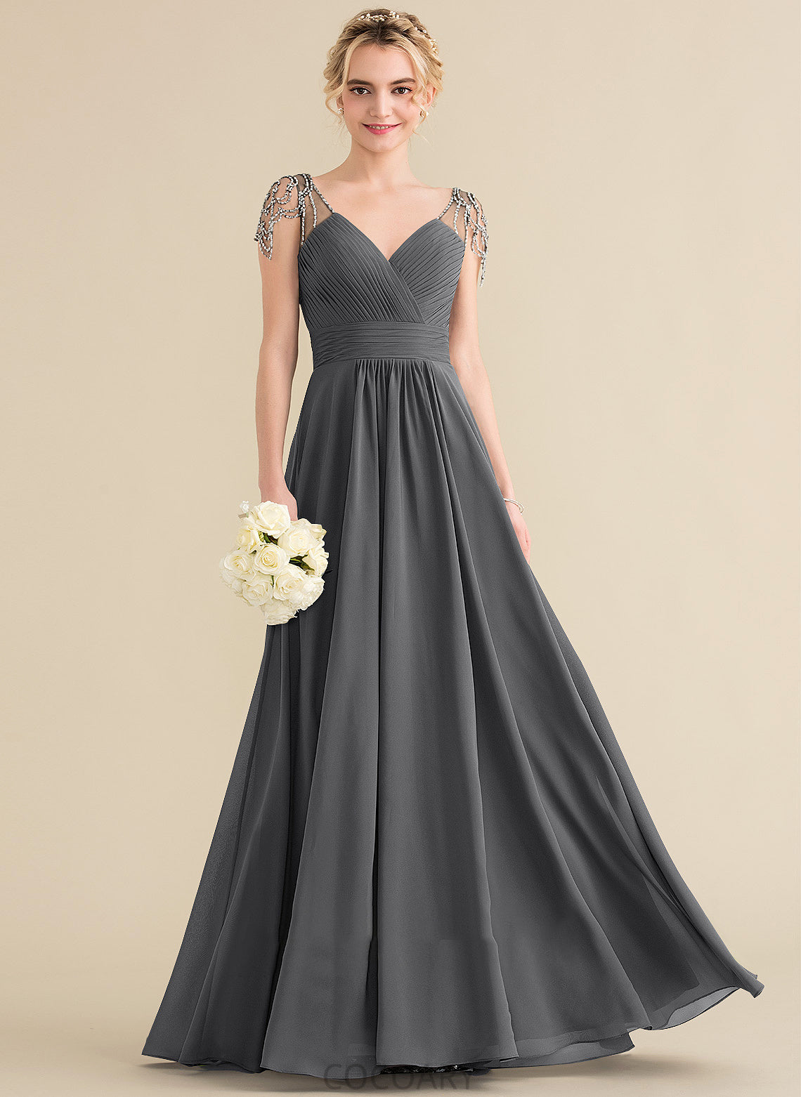 Length Beading Sequins Silhouette Floor-Length Fabric Ruffle V-neck Embellishment Neckline A-Line Karli Bridesmaid Dresses