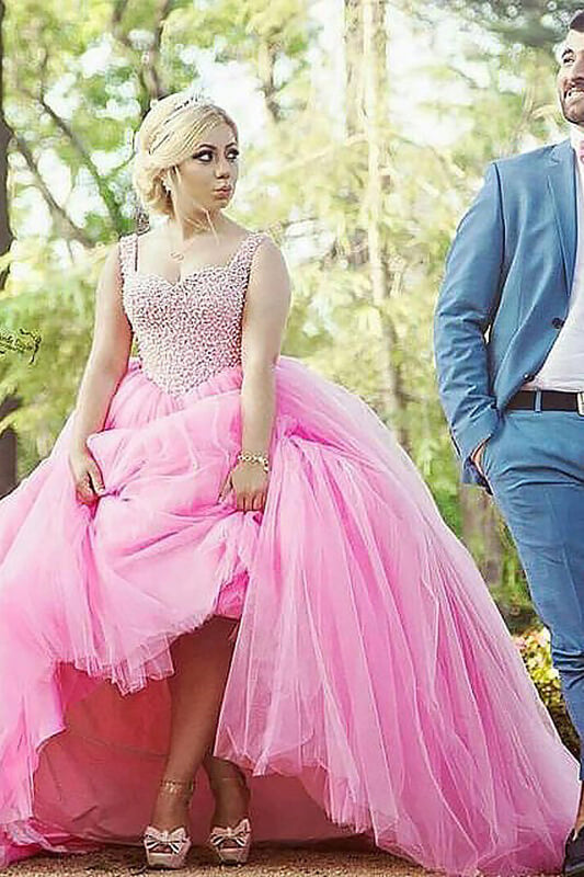 Pink A Line Brush Train Sweetheart Sleeveless Layers Tulle Beading Plus Size Prom Dresses