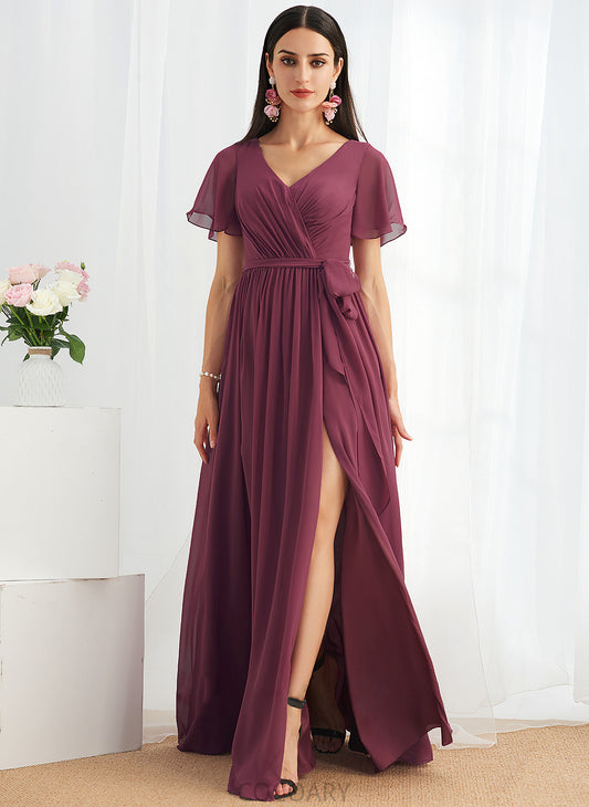 Neckline Length SplitFront V-neck Embellishment Fabric A-Line Silhouette Floor-Length Amy V-Neck A-Line/Princess Bridesmaid Dresses