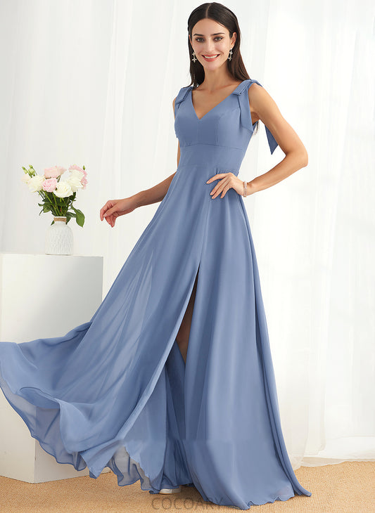 Floor-Length Fabric A-Line Embellishment Silhouette Bow(s) Length Neckline SplitFront V-neck Willa Floor Length Bridesmaid Dresses