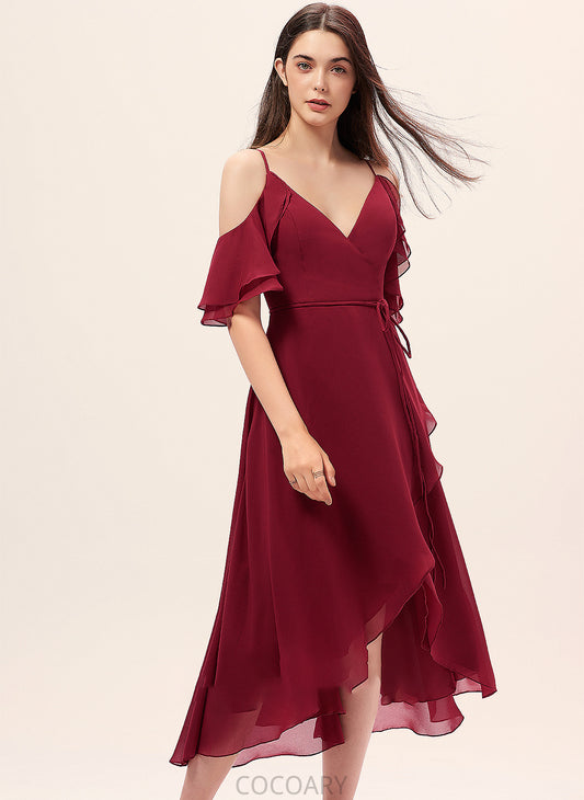 Asymmetrical Silhouette Neckline A-Line Length CascadingRuffles V-neck Fabric Embellishment Ximena Sleeveless Off The Shoulder Bridesmaid Dresses