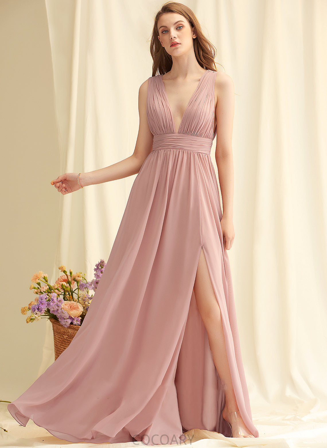 Silhouette V-neck A-Line Neckline SplitFront Floor-Length Fabric Length Embellishment Heaven Sleeveless Spaghetti Staps Bridesmaid Dresses