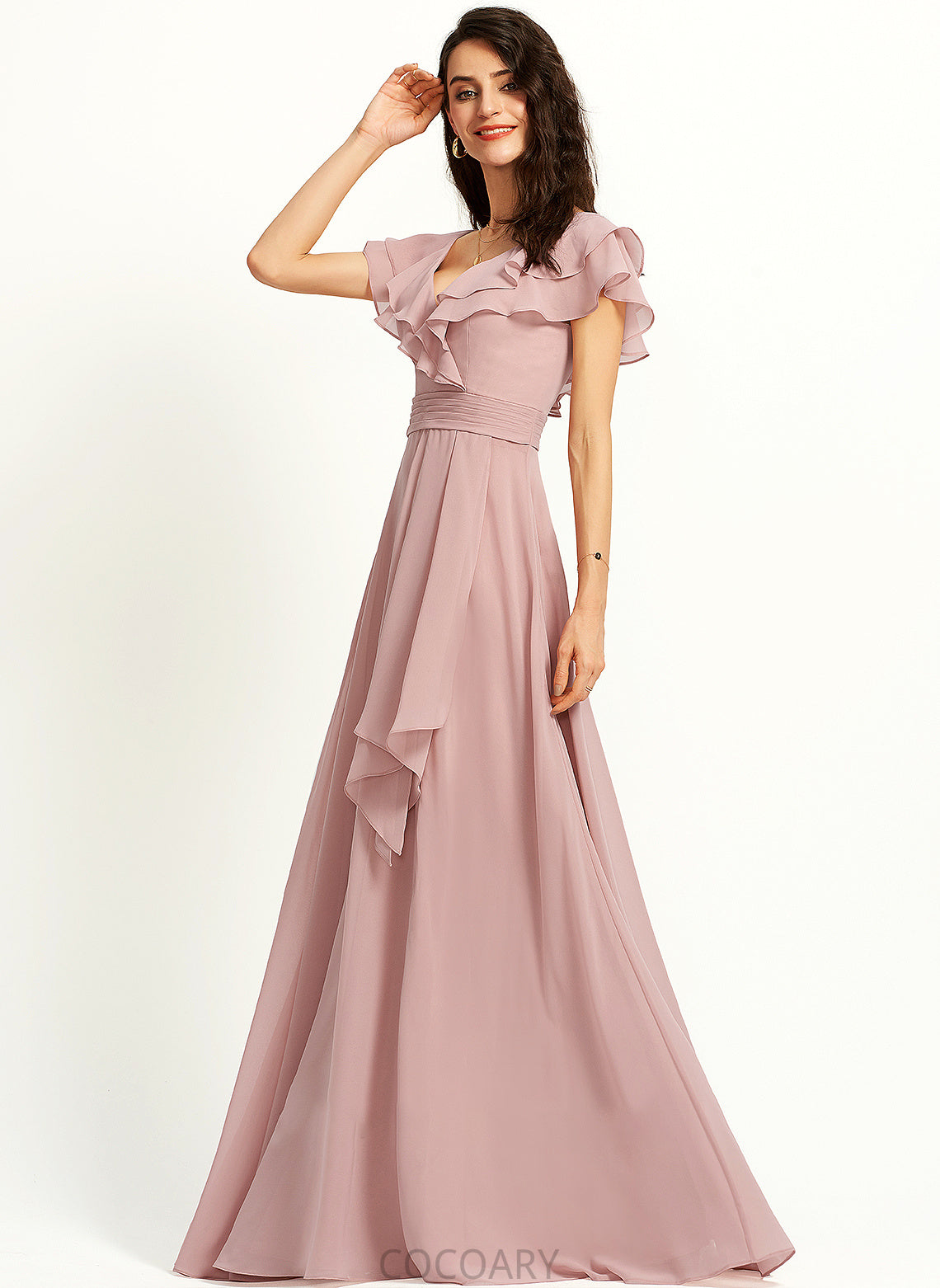 Fabric Embellishment Floor-Length Length Ruffle Silhouette V-neck A-Line SplitFront Neckline Alexia A-Line/Princess Bridesmaid Dresses