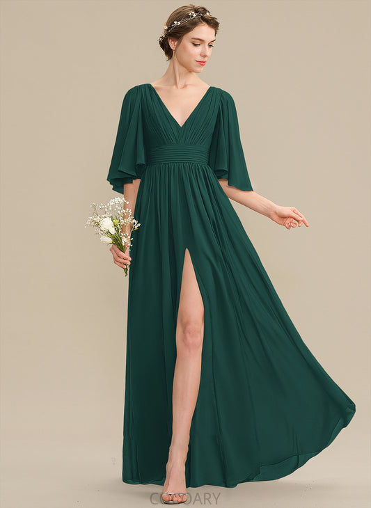 Neckline Fabric SplitFront Silhouette Bow(s) Floor-Length A-Line Length V-neck Ruffle Embellishment Leia Bridesmaid Dresses