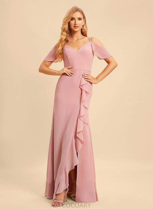 Silhouette V-neck A-Line Fabric Floor-Length Embellishment Ruffle Length SplitFront Neckline Janet Trumpet/Mermaid Bridesmaid Dresses