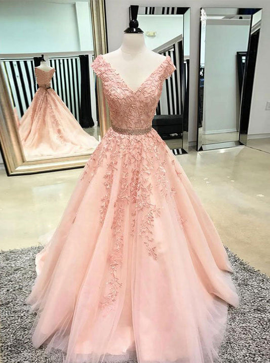 Pink Sleeveless V Neck Tulle Lace Applique Long Prom Dresses