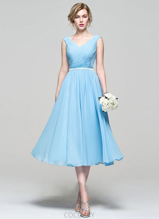 A-Line Ruffle V-neck Embellishment Fabric Tea-Length Silhouette Length Neckline Miracle Straps Sleeveless Bridesmaid Dresses