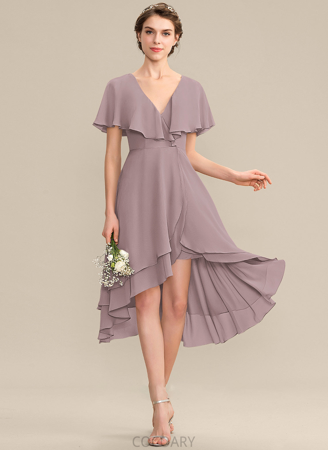 Embellishment A-Line Asymmetrical V-neck Fabric Silhouette Length CascadingRuffles Neckline Carleigh Spaghetti Staps Natural Waist Bridesmaid Dresses