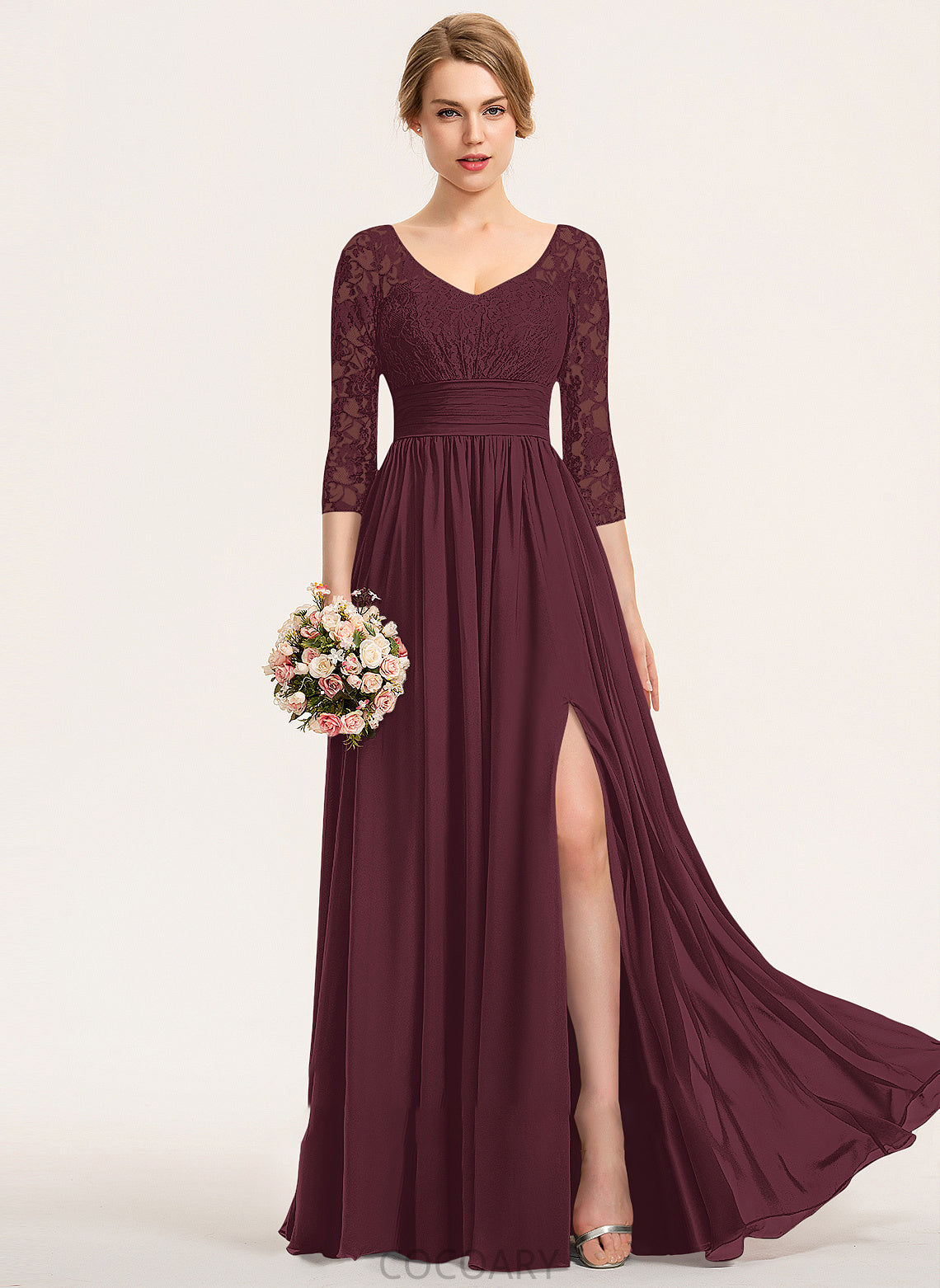 Floor-Length Fabric Neckline Silhouette A-Line SplitFront Embellishment Length Ruffle V-neck Rowan Straps Bridesmaid Dresses