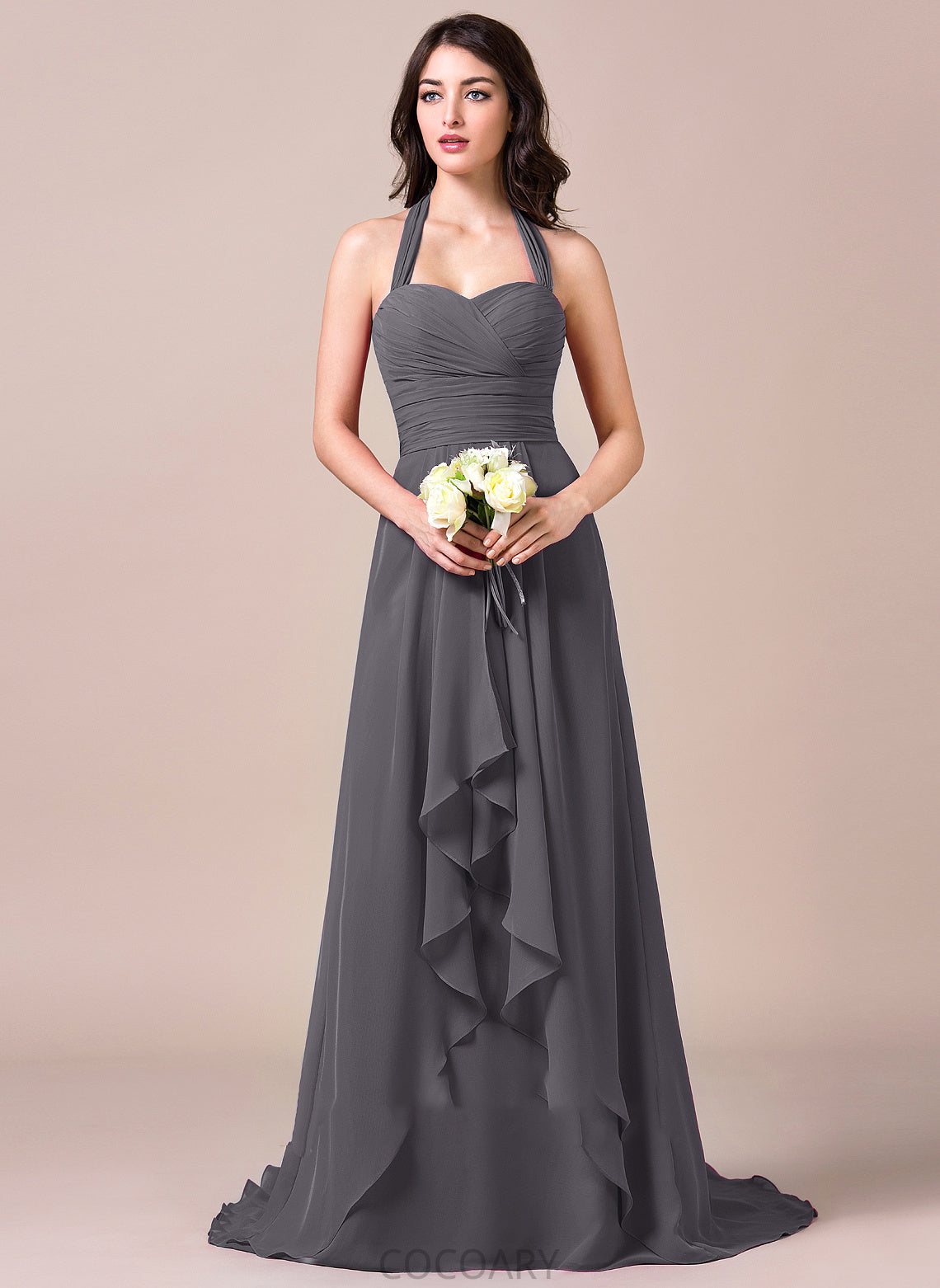 Bow(s) Length Neckline CascadingRuffles Fabric Silhouette Halter SweepTrain Embellishment A-Line Cassie Floor Length Bridesmaid Dresses