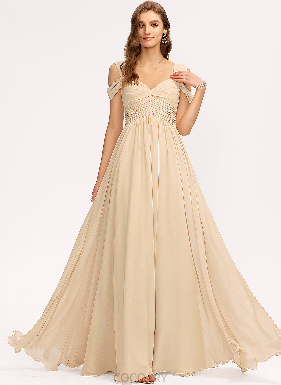 Ruffle Floor-Length Fabric Neckline Length V-neck Silhouette Embellishment A-Line Katelynn A-Line/Princess Spaghetti Staps Bridesmaid Dresses