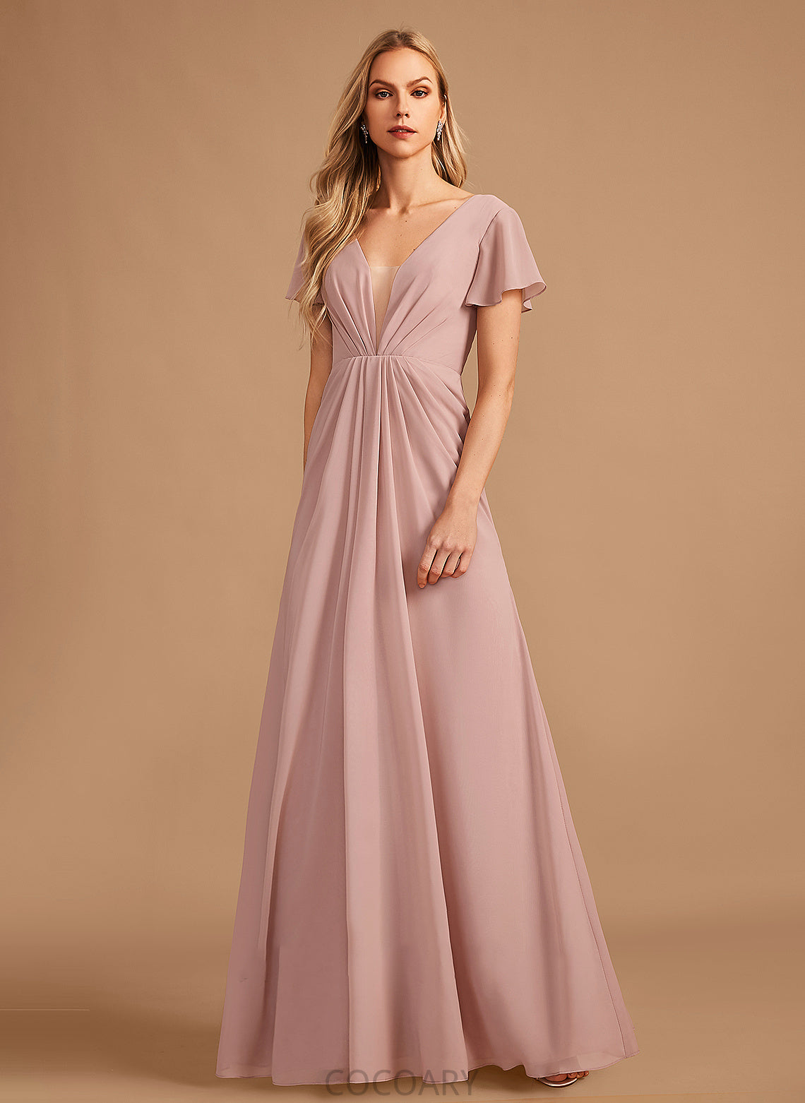 Ruffle A-Line Fabric Embellishment Neckline Silhouette V-neck Floor-Length Length Allyson Straps A-Line/Princess Bridesmaid Dresses