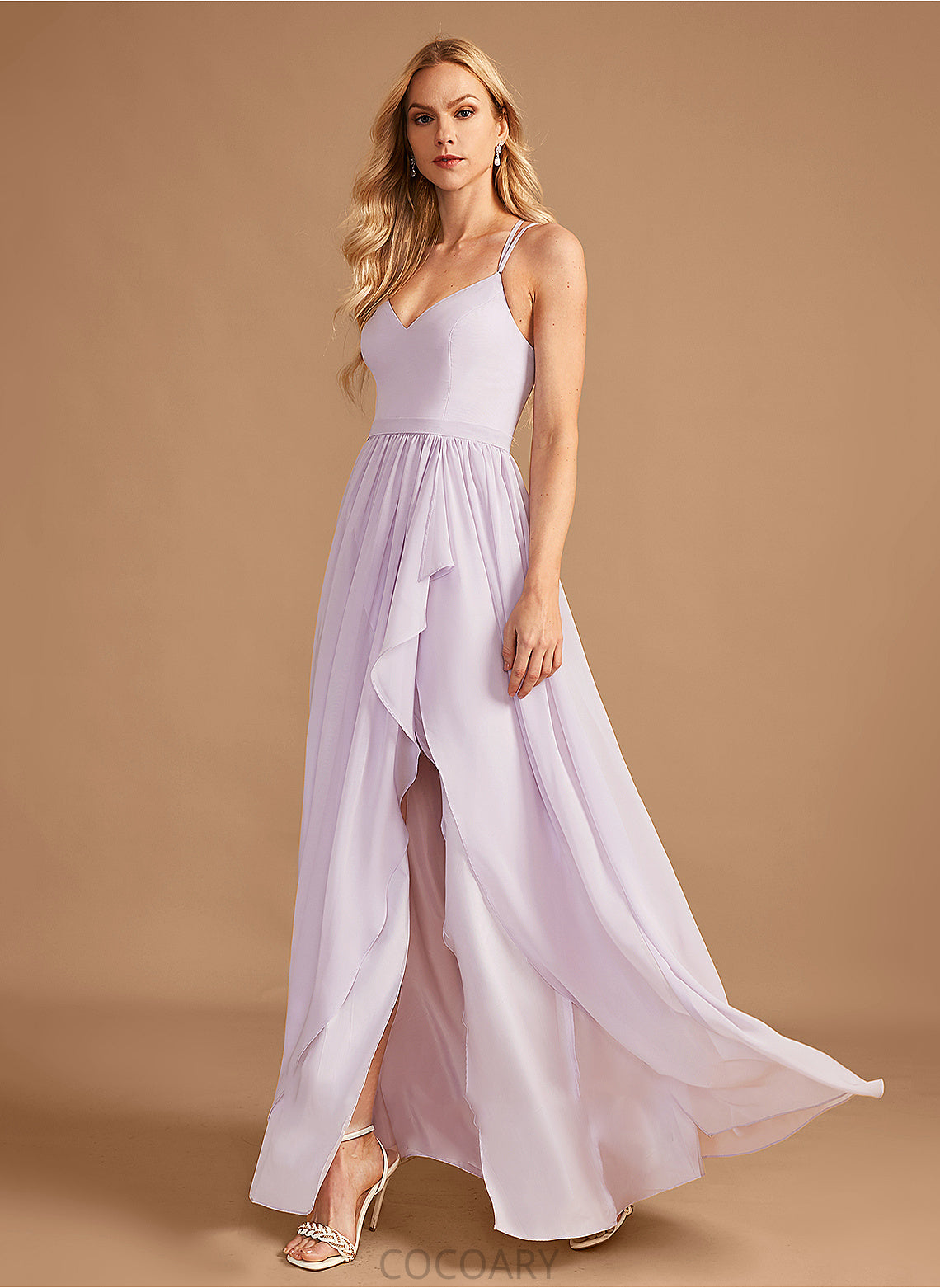 V-neck Silhouette Asymmetrical Length Embellishment Ruffle A-Line Fabric Neckline SplitFront Precious V-Neck Bridesmaid Dresses