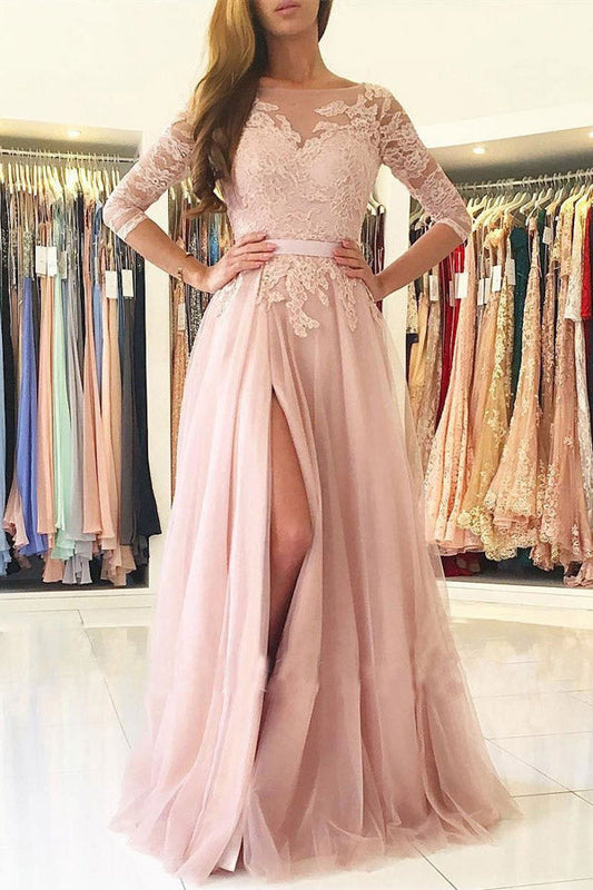 Pink A Line Brush Train 3/4 Sleeve Backless Layers Aplliques Prom Dresses