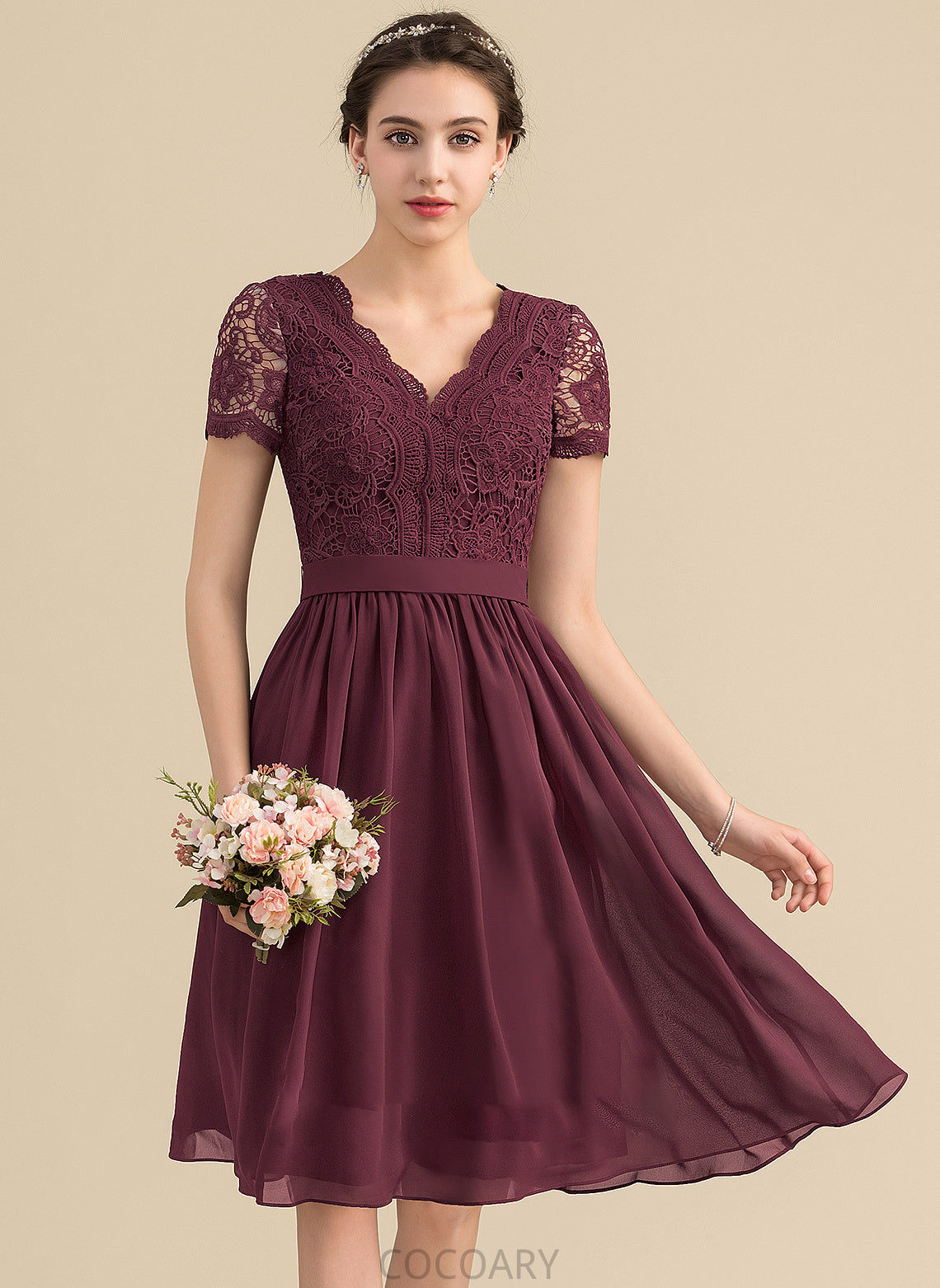 Fabric V-neck Length Lace Knee-Length A-Line Straps Silhouette Neckline Karlee Sleeveless V-Neck Bridesmaid Dresses