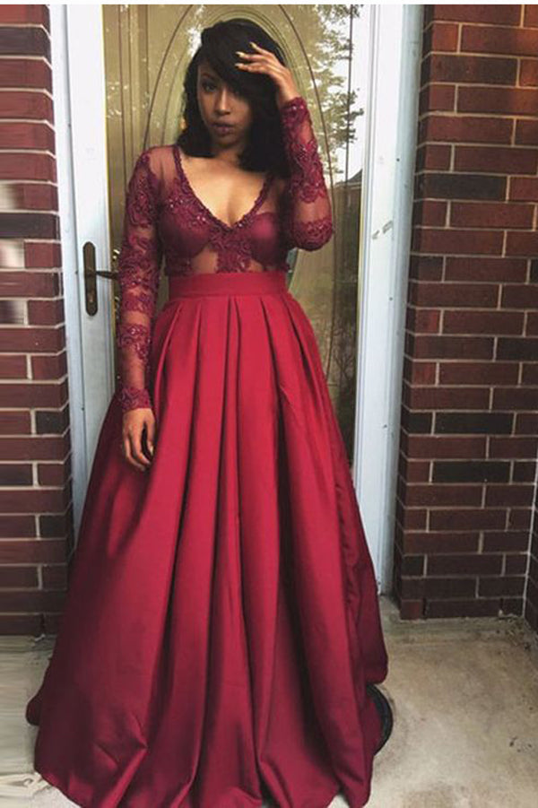 Burgundy A Line Floor Length V Neck Long Sleeve Lace Plus Size Prom Dresses