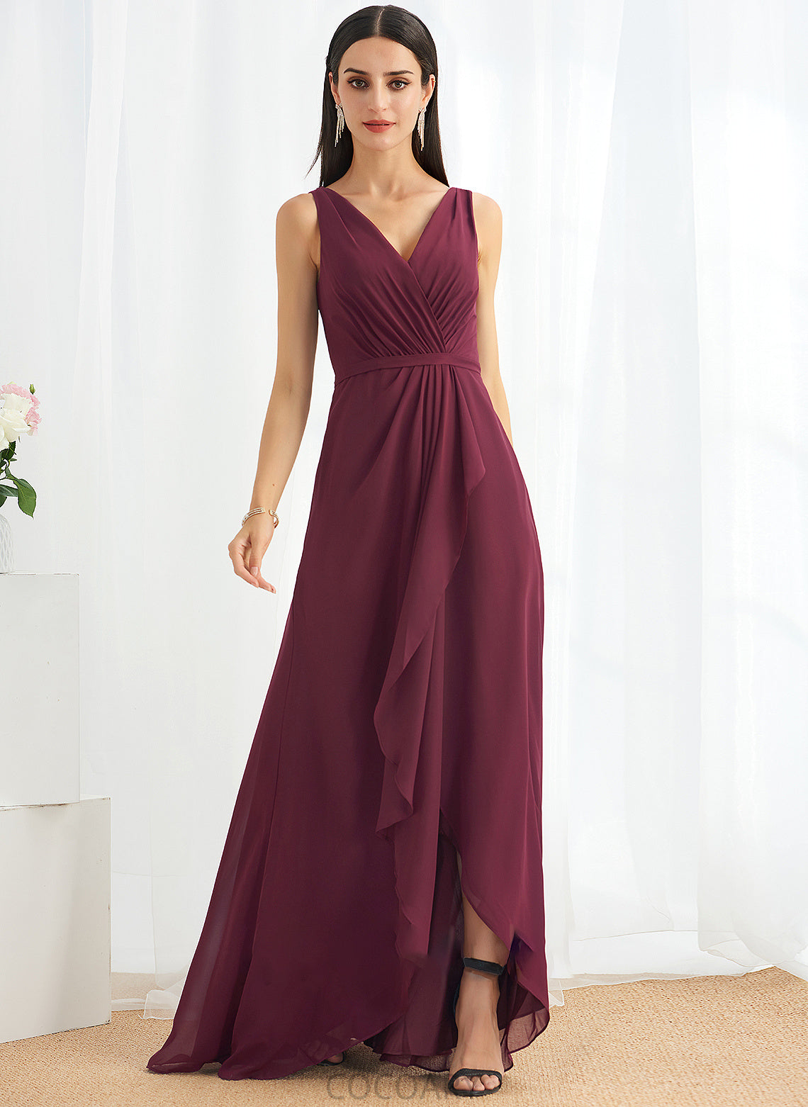 A-Line Asymmetrical Neckline Length V-neck Silhouette SplitFront Embellishment Fabric Selena Natural Waist Lace Bridesmaid Dresses