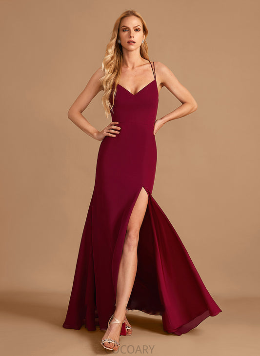 Silhouette Neckline Trumpet/Mermaid Floor-Length Length V-neck Embellishment Fabric SplitFront Emilia Sleeveless Spaghetti Staps Bridesmaid Dresses