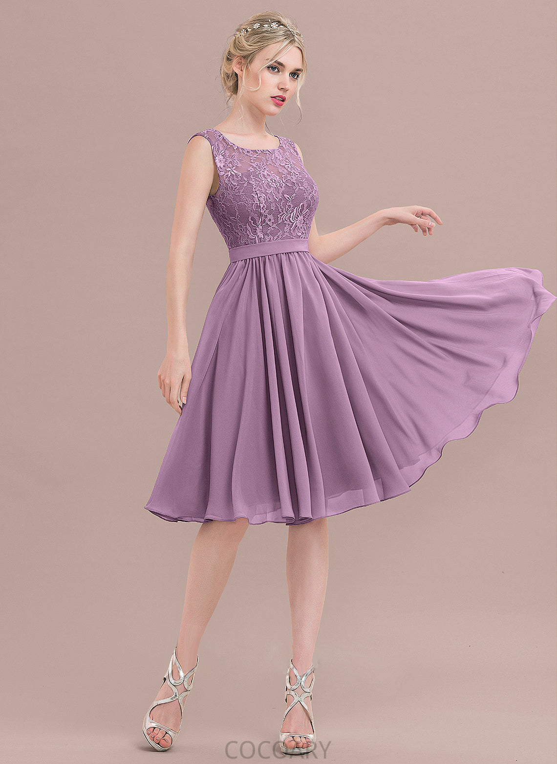 A-Line SquareNeckline Lace Fabric Knee-Length Length Neckline Straps Silhouette Mckinley Bridesmaid Dresses