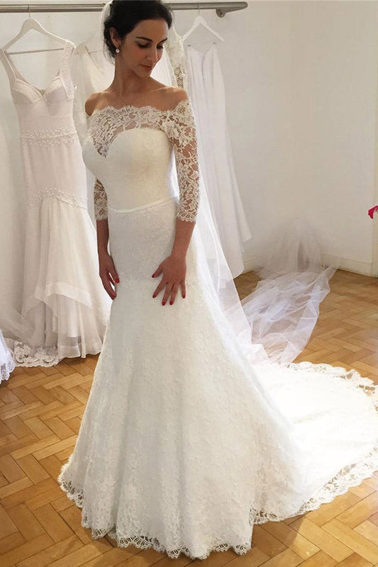 Elegant Formal Trumpet Off The Shoulder Ivory Lace Wedding Dresses With Sleeves