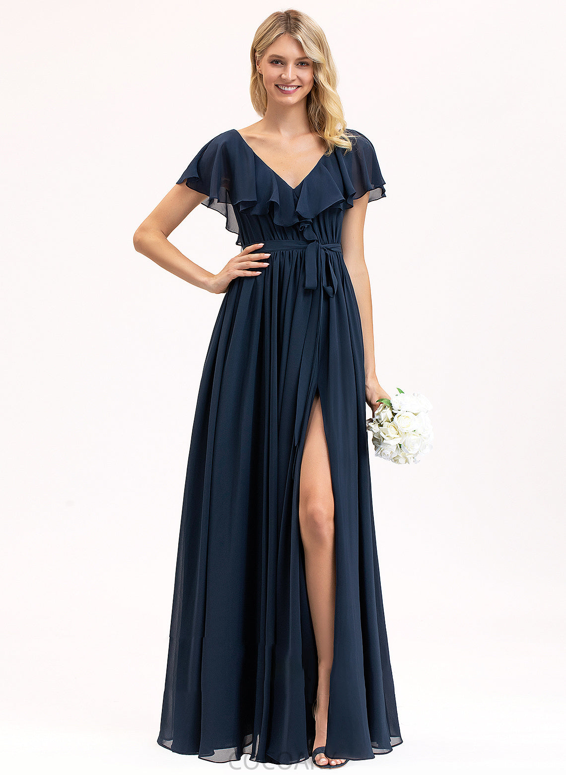 Length Fabric A-Line Neckline V-neck CascadingRuffles Silhouette Floor-Length Embellishment Bow(s) SplitFront Toni Bridesmaid Dresses