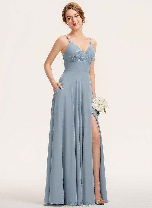 Length A-Line V-neck Pockets Ruffle Neckline Fabric Silhouette Floor-Length Embellishment Lillianna Natural Waist Bridesmaid Dresses