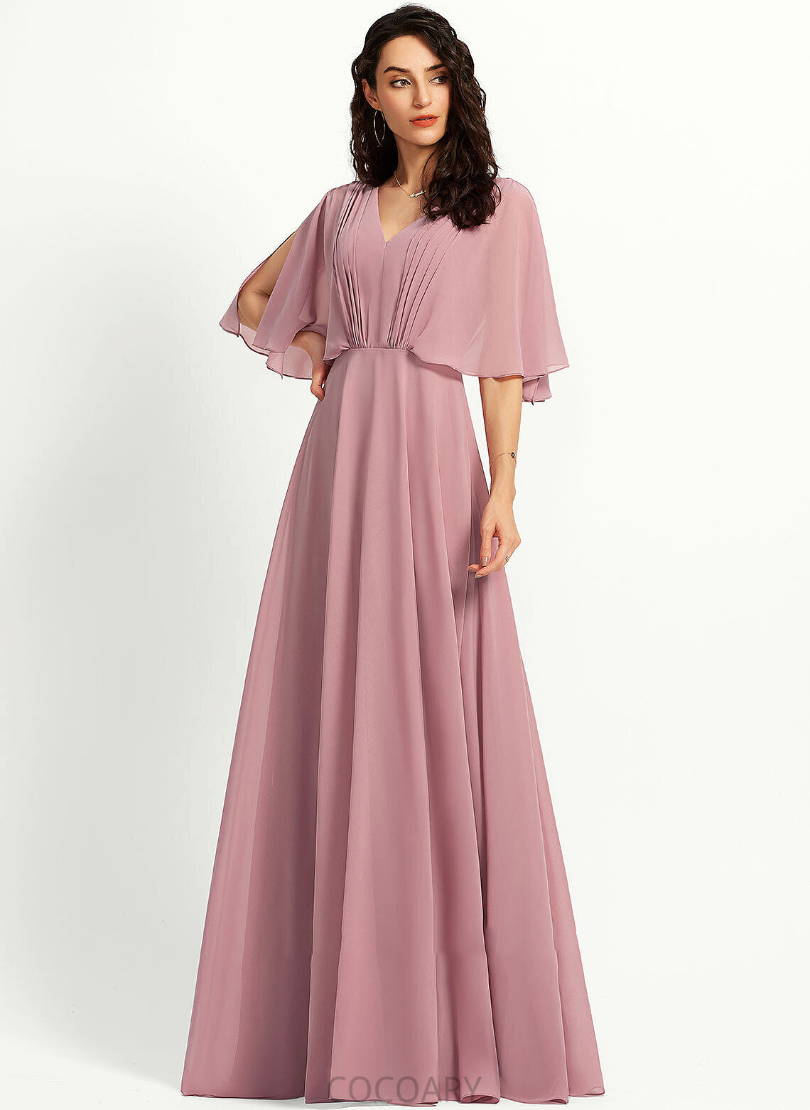 A-Line Fabric Silhouette V-neck Ruffle Floor-Length Length Neckline Embellishment Renee Floor Length V-Neck Bridesmaid Dresses