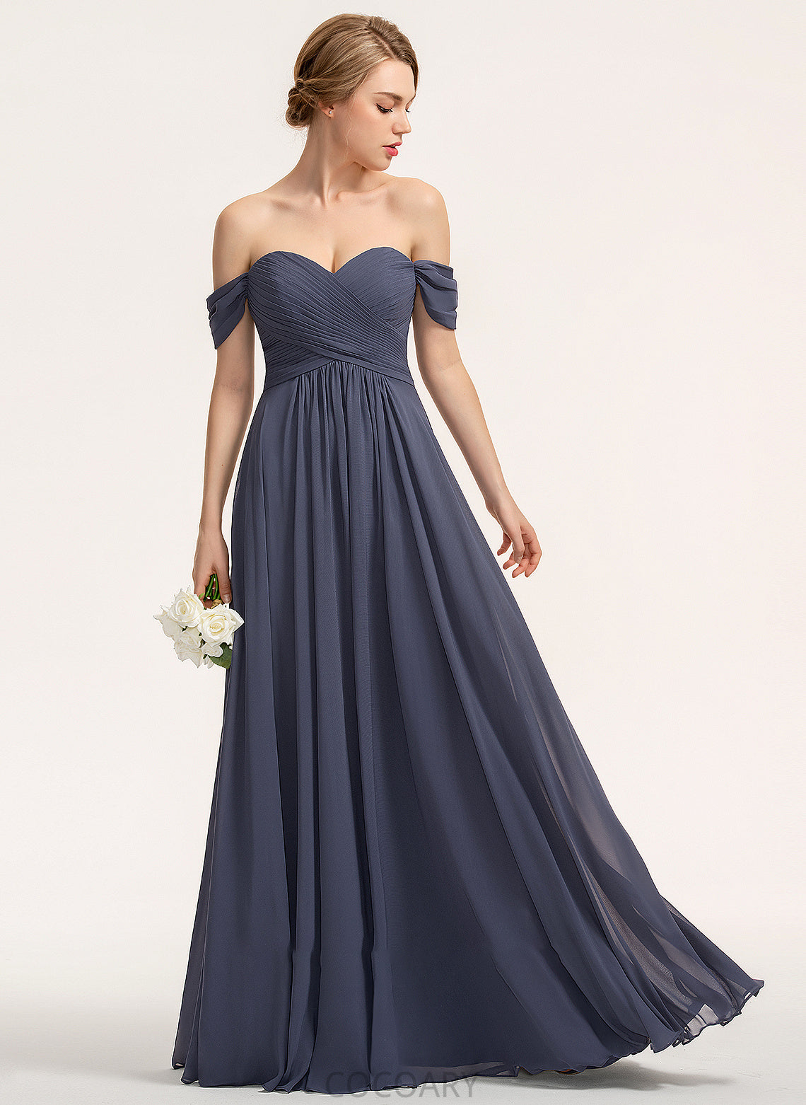 Length Floor-Length A-Line Silhouette Neckline Fabric Off-the-Shoulder Ruffle Embellishment Nicole Natural Waist V-Neck Bridesmaid Dresses