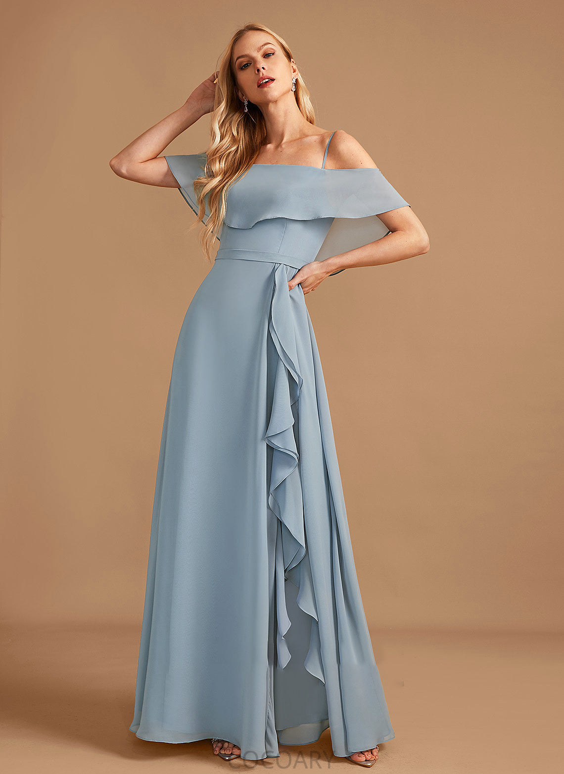 Ruffle Length A-Line Silhouette Embellishment SplitFront Neckline Fabric Floor-Length Off-the-Shoulder Lucile Floor Length Bridesmaid Dresses