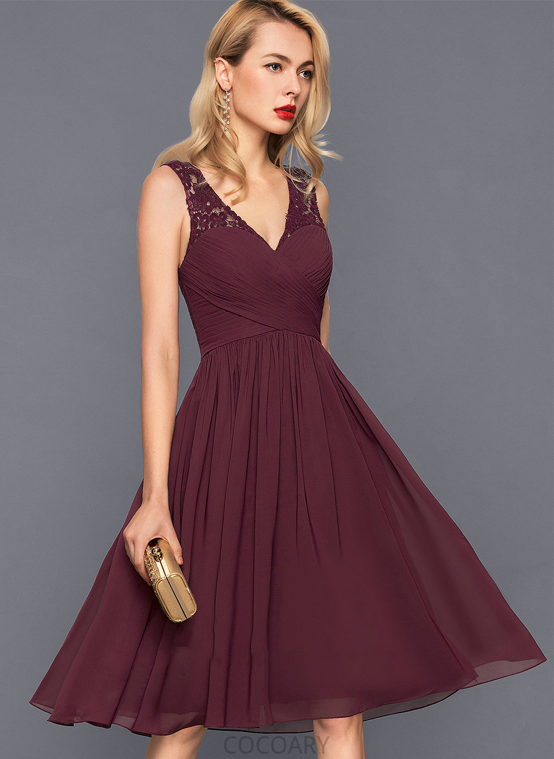 V-neck Silhouette Knee-Length Ruffle Fabric Neckline A-Line Length Embellishment Maren A-Line/Princess Short Sleeves Bridesmaid Dresses