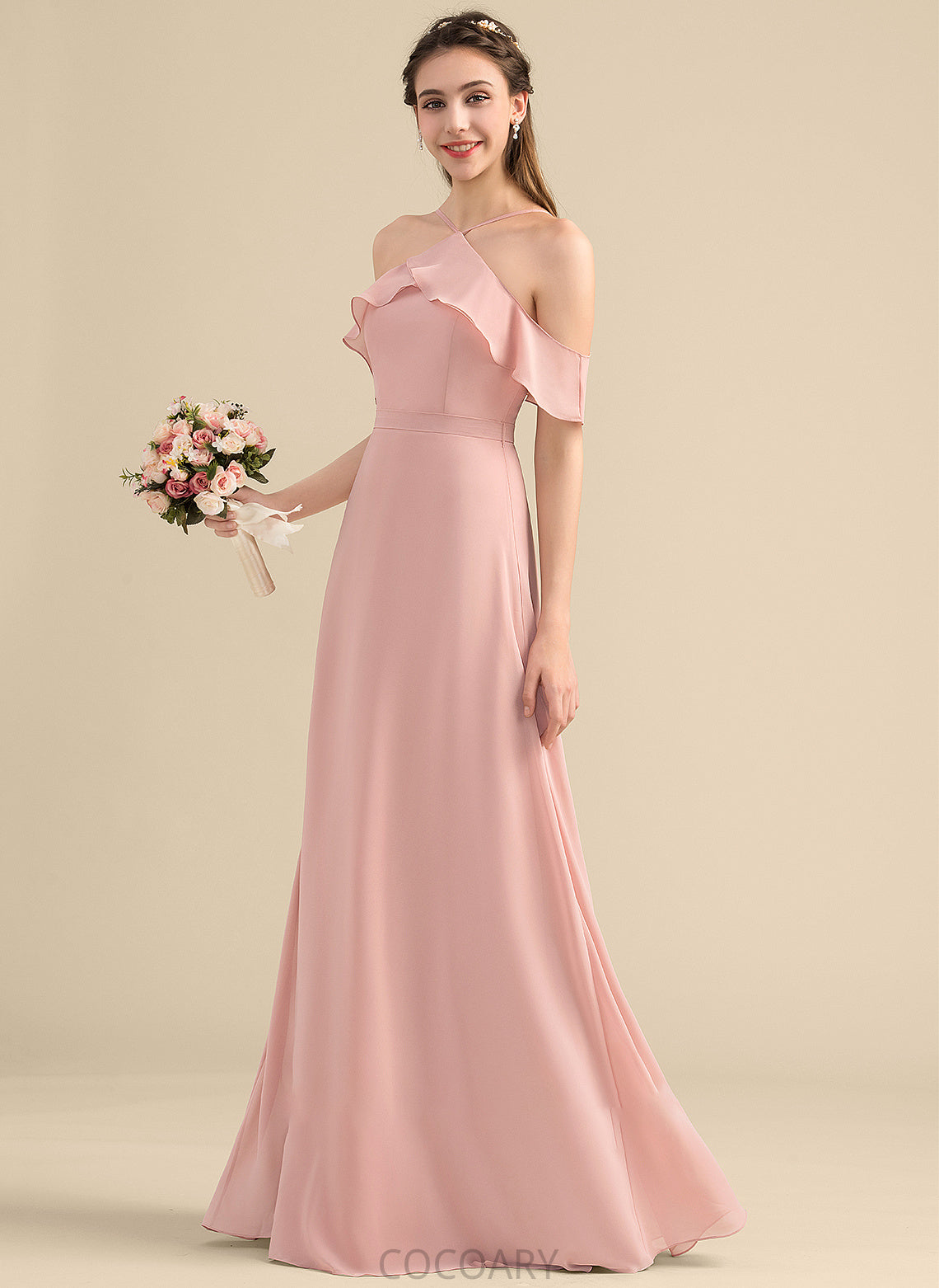 Silhouette CascadingRuffles Floor-Length Bow(s) V-neck Fabric Neckline Embellishment A-Line Length Kaylah Floor Length Bridesmaid Dresses