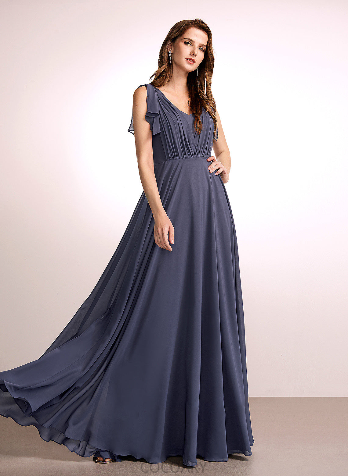 Floor-Length A-Line Embellishment Ruffle Silhouette Length V-neck Fabric Neckline Jazmin V-Neck Floor Length Bridesmaid Dresses