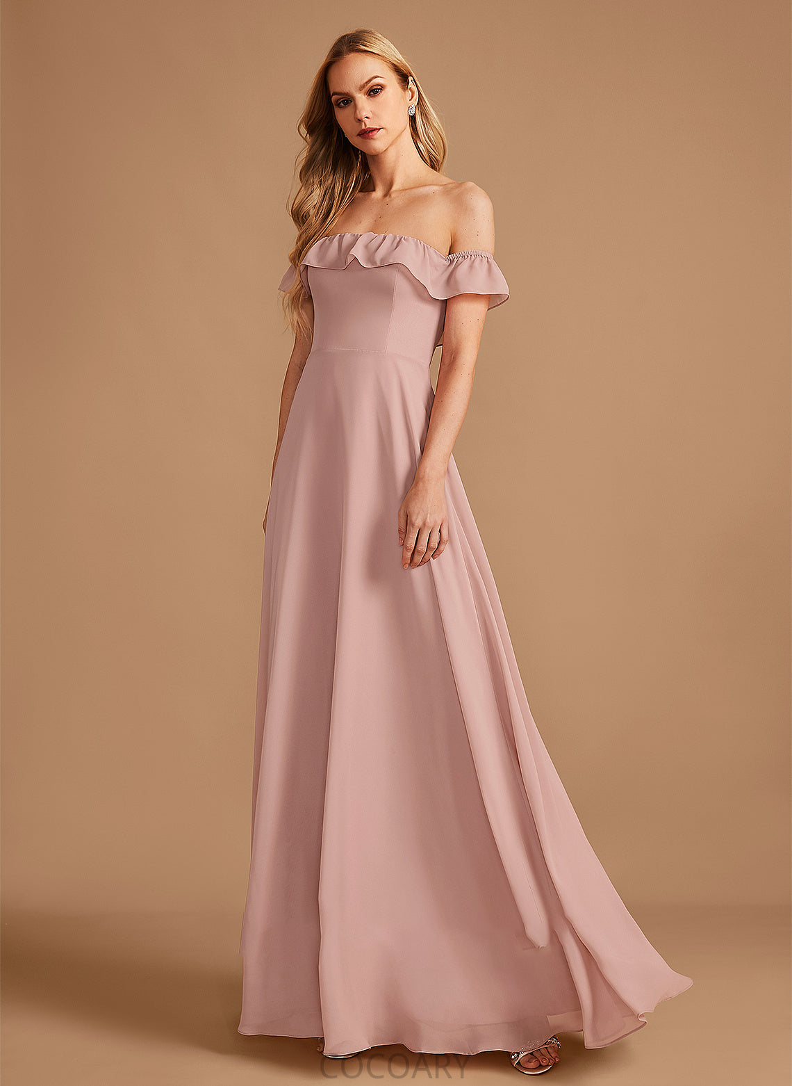 Length Ruffle Floor-Length Embellishment A-Line Off-the-Shoulder Neckline Silhouette Fabric Rebecca A-Line/Princess Natural Waist Bridesmaid Dresses