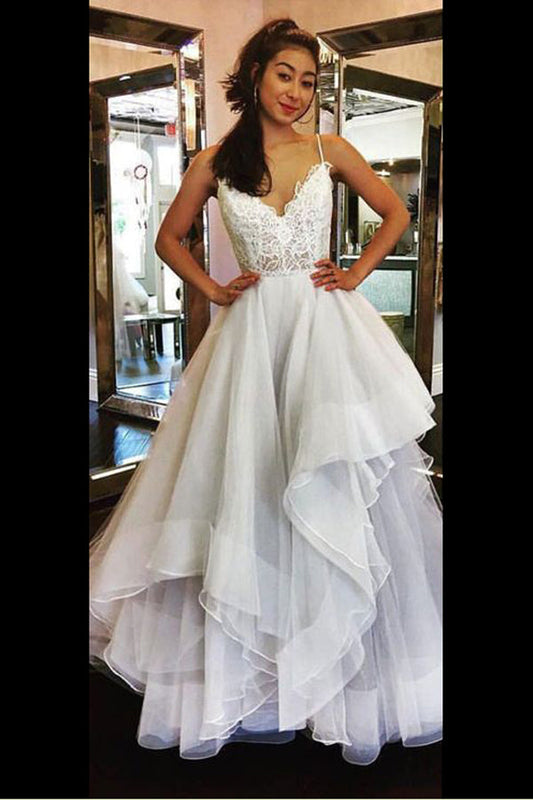 A Line Sweep Train Sweetheart Spaghetti Sleeveless Mid Back Appliques Ruffles Wedding Dresses