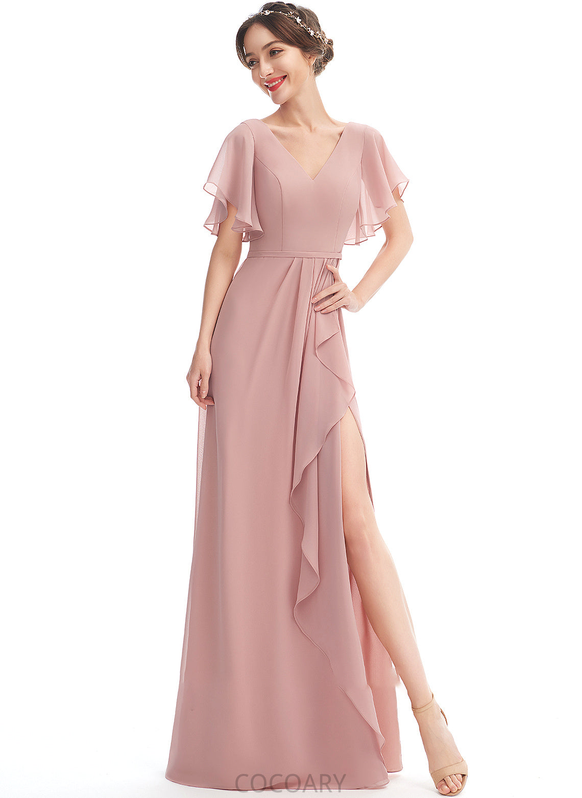 Floor-Length Neckline V-neck Ruffle A-Line Fabric Silhouette Length SplitFront Embellishment Abigail Sleeveless Bridesmaid Dresses