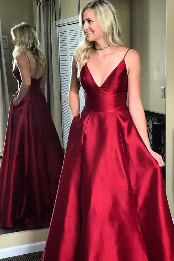 Burgundy A Line Floor Length Deep V Neck Sleeveless Mid Back Prom Dresses