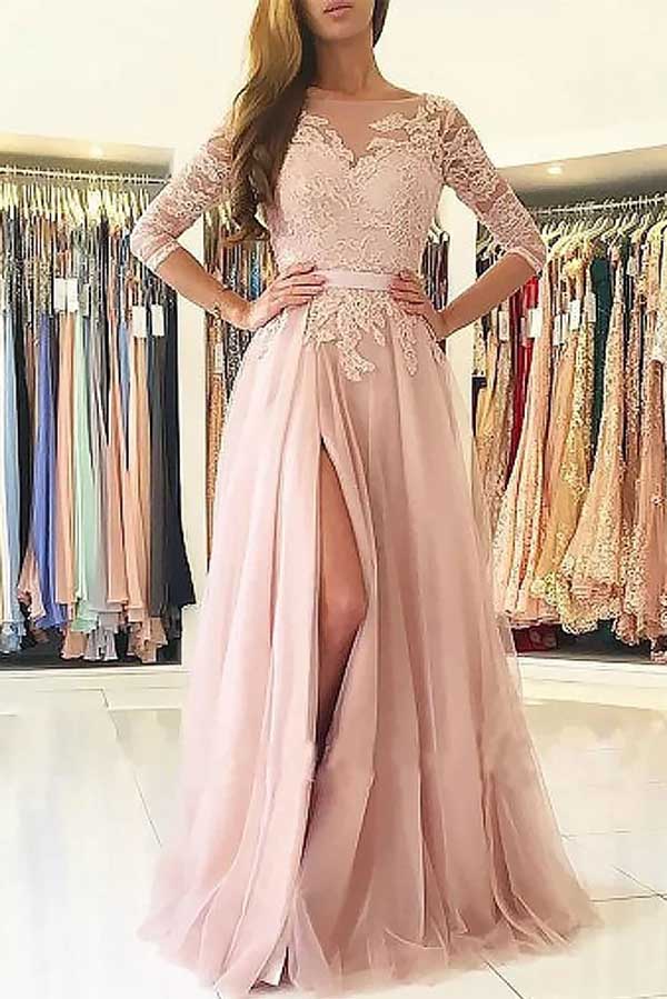 Gorgeous Applique Tulle 3/4 Sleeves Floor Length Prom Dresses