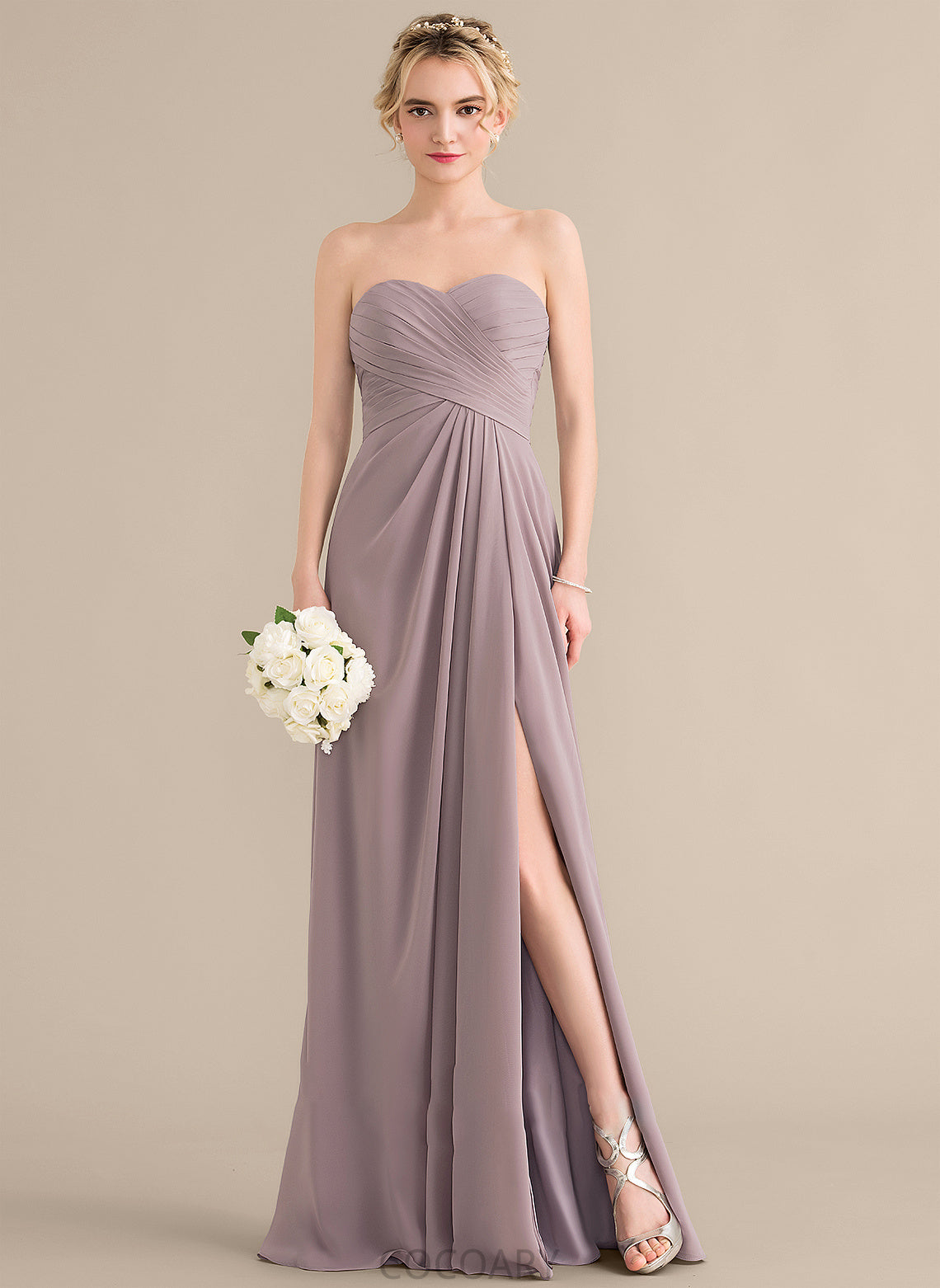 Length Silhouette Neckline SplitFront Fabric Ruffle Embellishment A-Line Floor-Length Sweetheart Avery Straps Bridesmaid Dresses