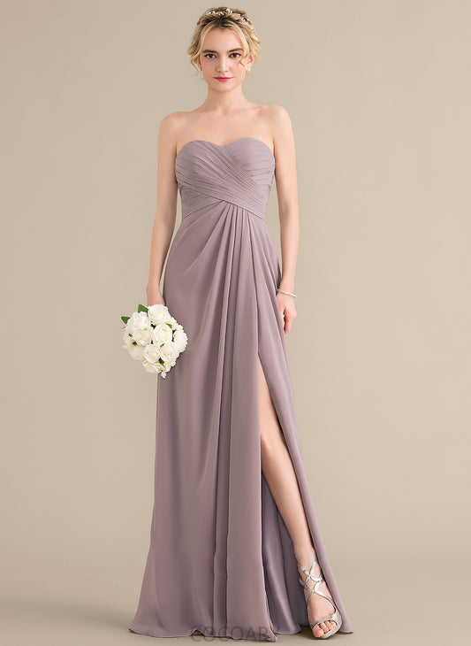 Length Silhouette Neckline SplitFront Fabric Ruffle Embellishment A-Line Floor-Length Sweetheart Avery Straps Bridesmaid Dresses