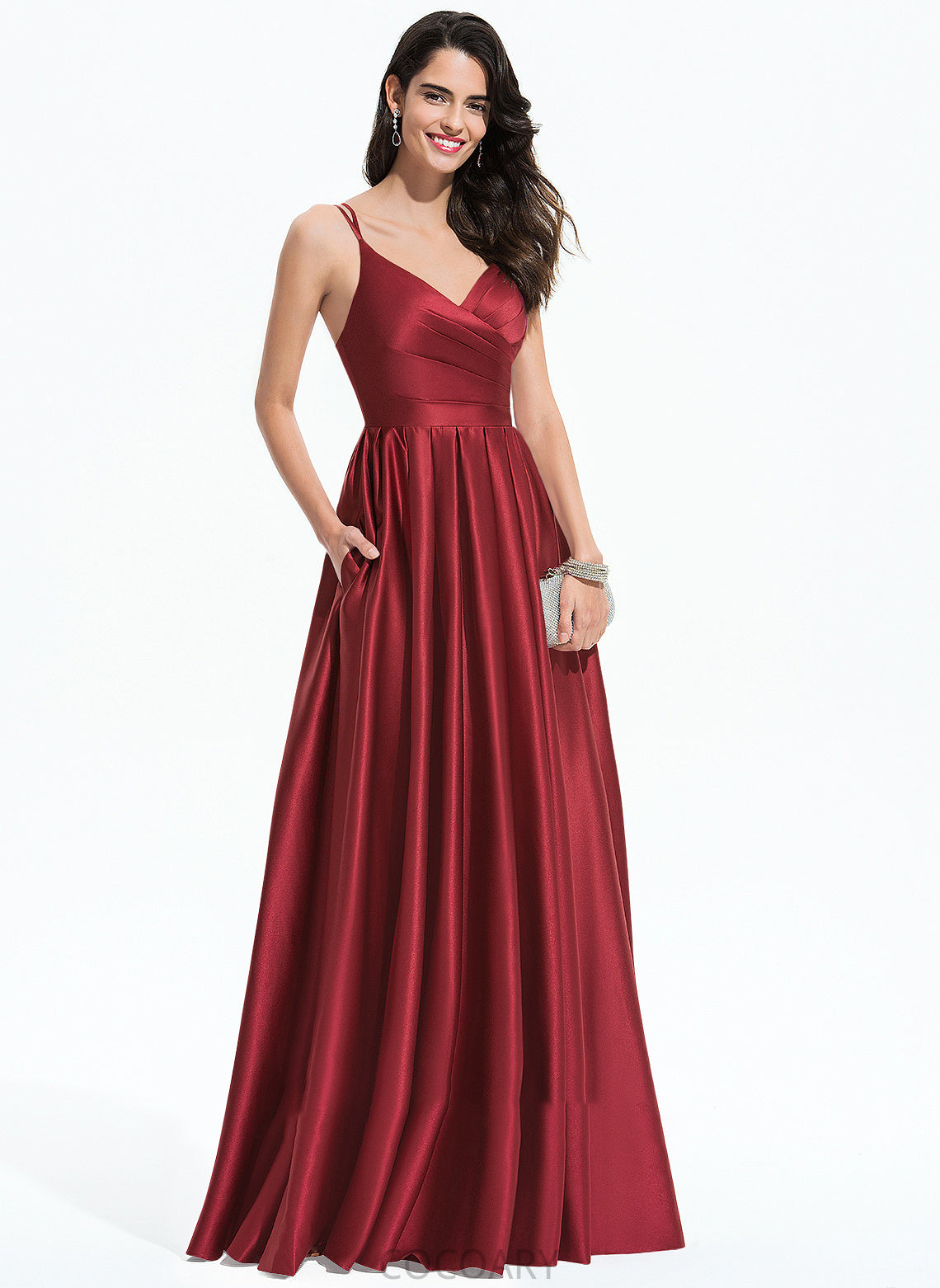 Pockets A-Line Silhouette Length Neckline Embellishment V-neck Fabric Ruffle Floor-Length Frederica V-Neck Bridesmaid Dresses