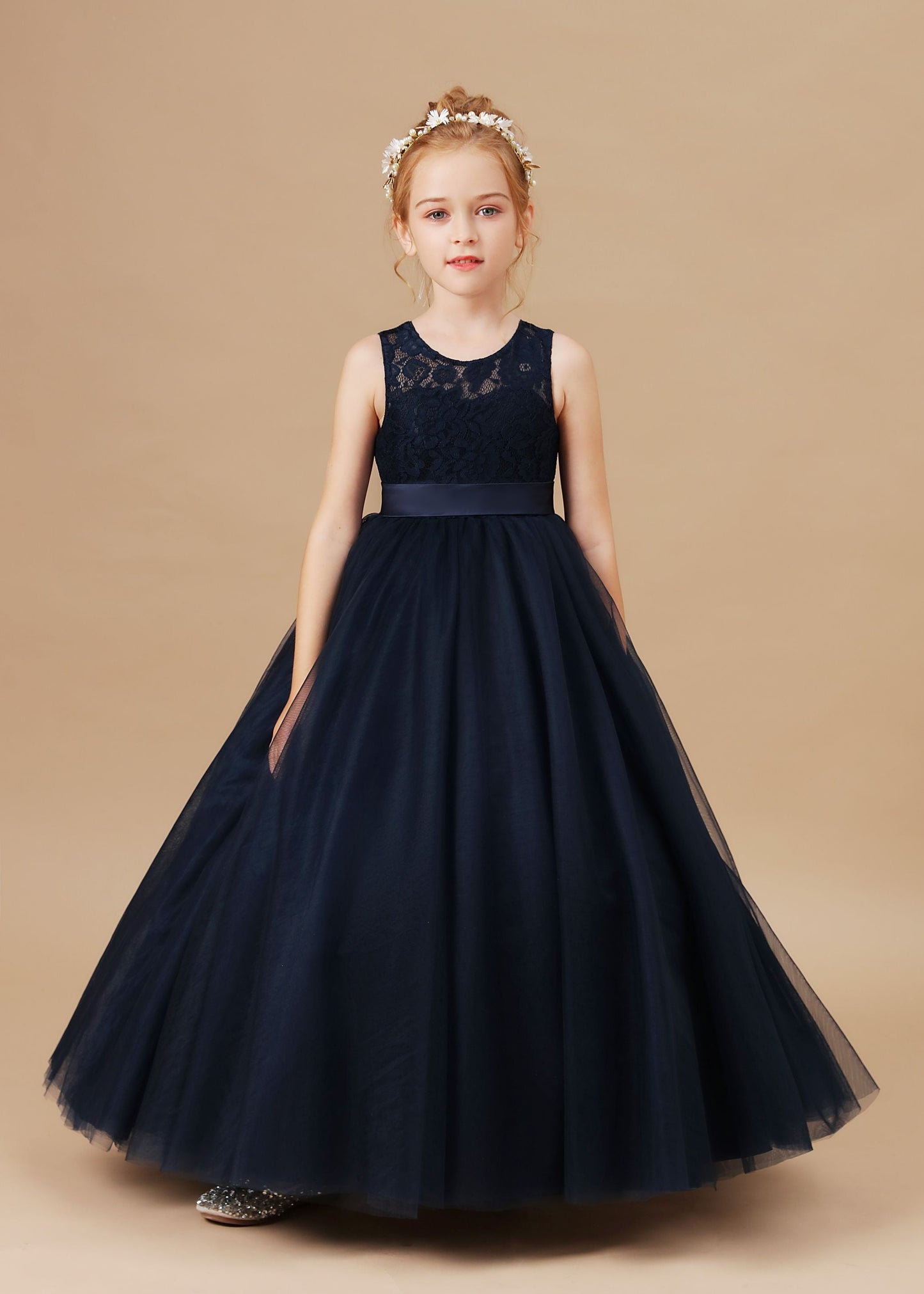 Pretty Sleeveless Stain-Sash Lace Tulle Flower Girl Dresses With Bownot