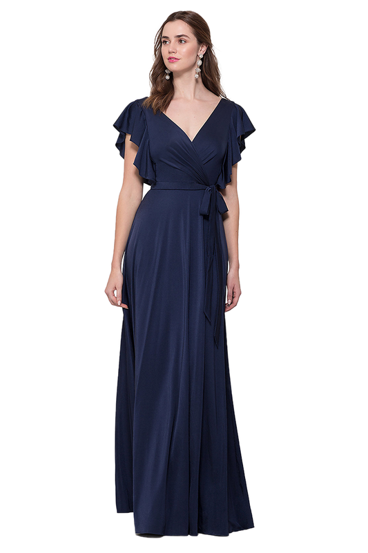 Elsa A-Line/Princess V-Neck Short Sleeves Floor Length Natural Waist Satin Bridesmaid Dresses