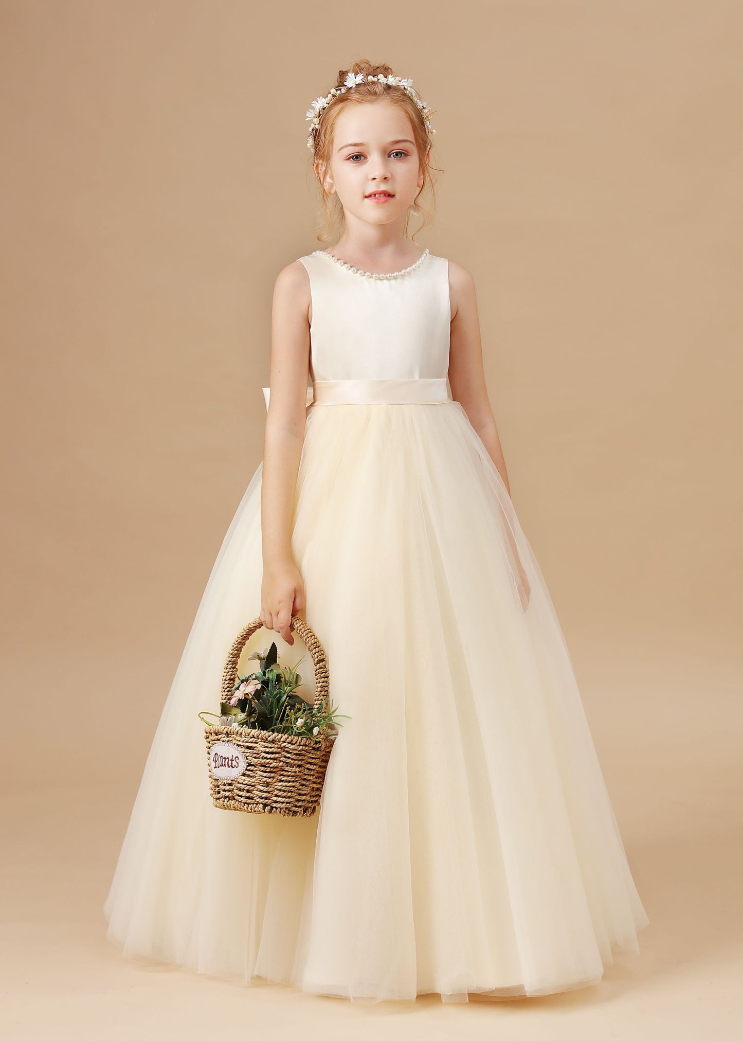 Champagne Sleeveless Tulle Satin Flower Girl Dresses With Bow