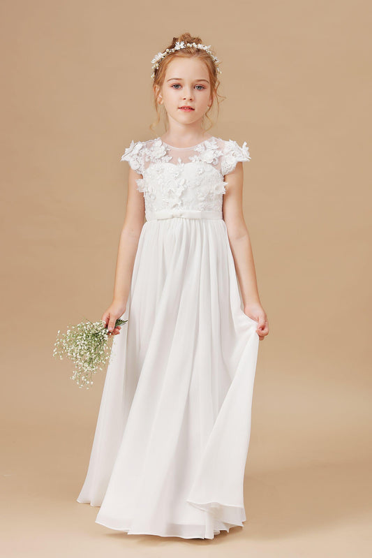 A-line Floor Length Ivory Chiffon Appliques Flower Girl Dresses