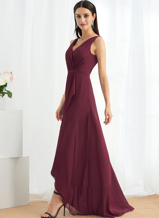 A-Line Asymmetrical Neckline Length V-neck Silhouette SplitFront Embellishment Fabric Selena Natural Waist Lace Bridesmaid Dresses