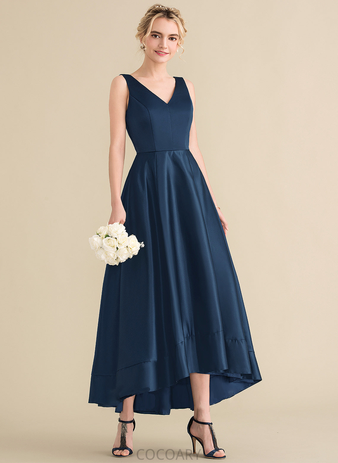 Length Satin Fabric V-neck Pockets Neckline Straps Asymmetrical Embellishment Alice A-Line/Princess Scoop Bridesmaid Dresses