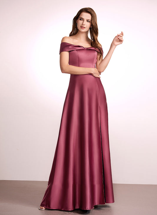 Silhouette Length Neckline Embellishment Fabric A-Line SplitFront Floor-Length Off-the-Shoulder Cecilia Natural Waist A-Line/Princess Bridesmaid Dresses