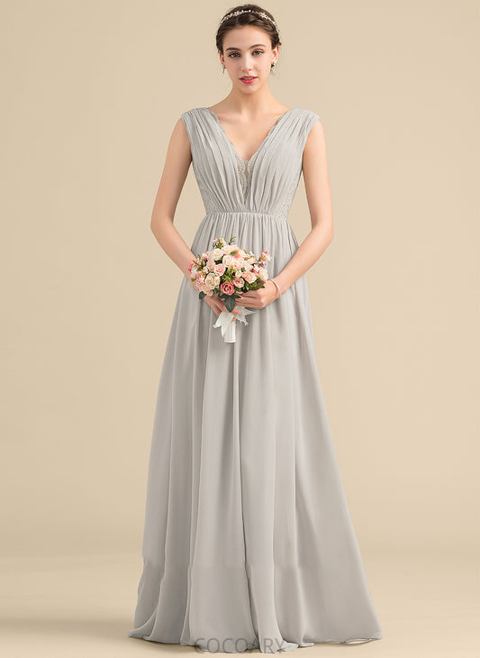 Silhouette V-neck A-Line Length Fabric Ruffle Floor-Length Neckline Embellishment Jo Natural Waist Floor Length Bridesmaid Dresses