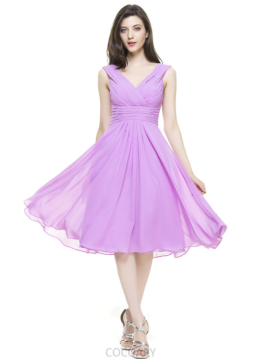 Ruffle Embellishment Knee-Length V-neck Length Silhouette Neckline A-Line Fabric Taniyah Sleeveless A-Line/Princess Bridesmaid Dresses